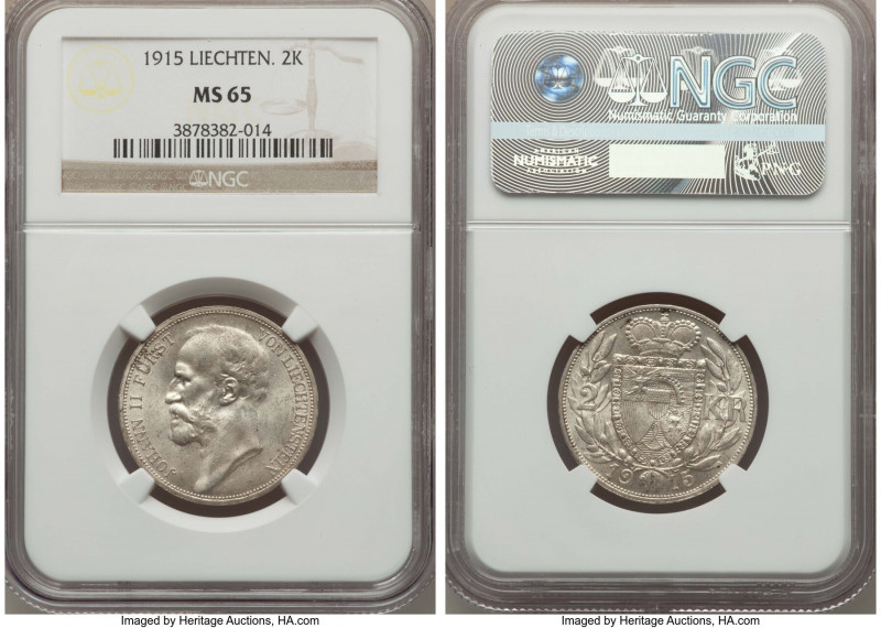 Johann II 2 Kronen 1915 MS65 NGC, KM-Y3. A bright white example with first class...