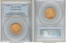 Franz Joseph II gold 20 Franken 1946-B MS67 PCGS, Bern mint, KM-Y14. Fully radiant mint bloom swirls effortlessly across the honeyed golden surfaces o...