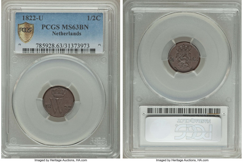 Willem I 1/2 Cent 1822 MS63 Brown PCGS, Utrecht mint, KM51. Boldly struck, with ...