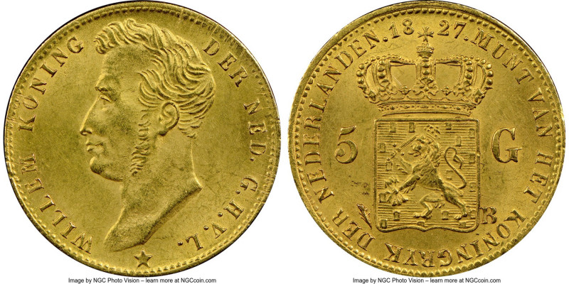 Willem I gold 5 Gulden 1827-B MS64 NGC, Brussels mint, KM60. A choice example of...