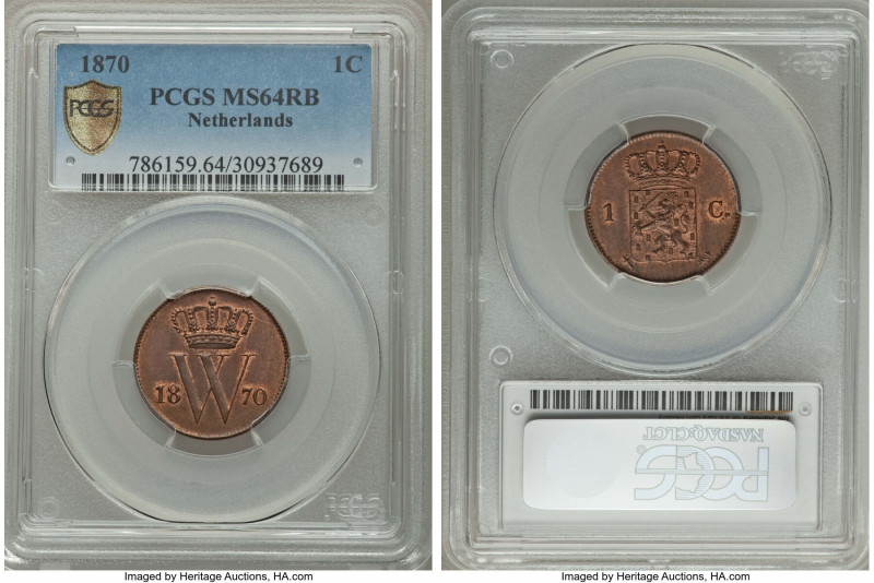 Willem III Cent 1870 MS64 Red and Brown PCGS, Utrecht mint, KM100. An impressive...