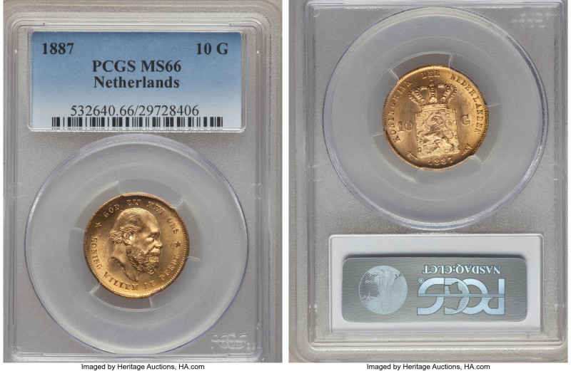 Willem III gold 10 Gulden 1887 MS66 PCGS, Utrecht mint, KM106, Fr-342. A stunnin...