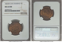 Republic 5 Centesimi 1864-M MS64 Red and Brown NGC, Milan mint, KM1. Peppered in a pleasing wood-grain patination, gently subduing surprisingly lustro...