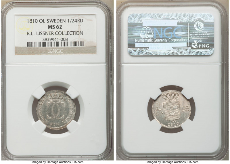 Carl XIII 1/24 Riksdaler 1810-OL MS62 NGC, KM580. Gently handled in light of the...