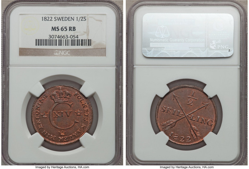 Carl XIV Johan 1/2 Skilling 1822 MS65 Red and Brown NGC, KM596. Lovely red luste...