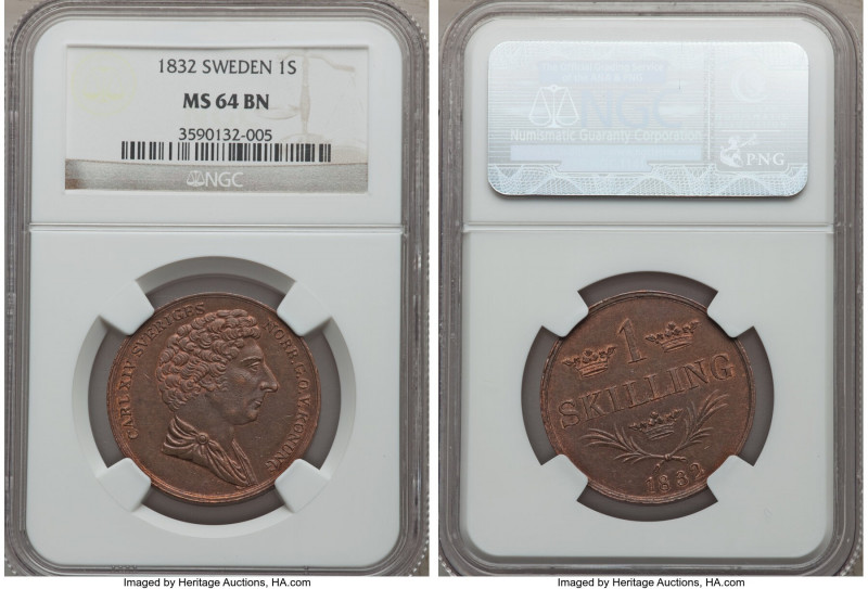 Carl XIV Johan Skilling 1832 MS64 Brown NGC, KM638. Stunning one-year type with ...