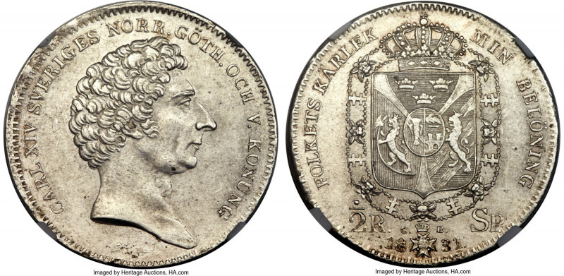 Carl XIV Johan 1/2 Riksdaler 1831-CB MS62 NGC, KM631. Fully choice for the grade...