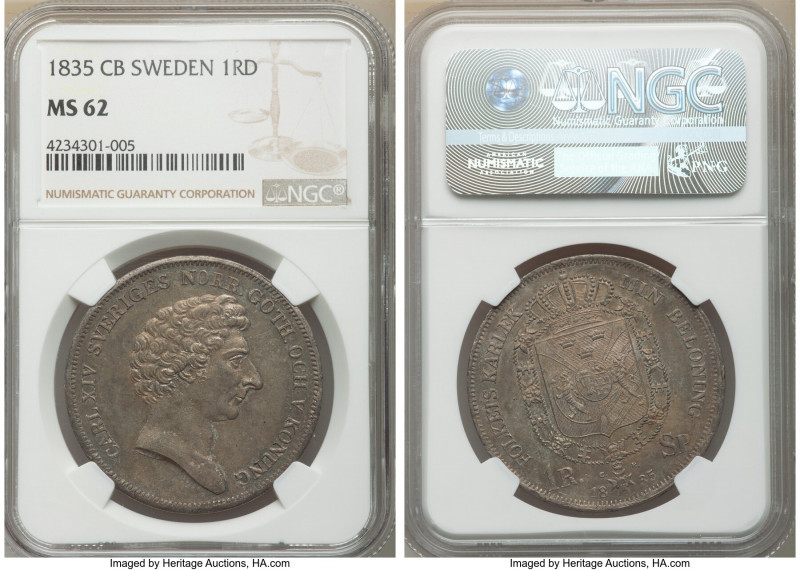 Carl XIV Johan Riksdaler 1835-CB MS62 NGC, KM632. A commendable selection certif...