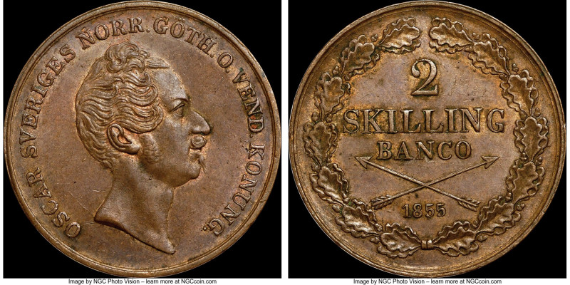 Oscar I 2 Skilling 1855 MS62 Brown NGC, KM664. An attractive example of this lar...