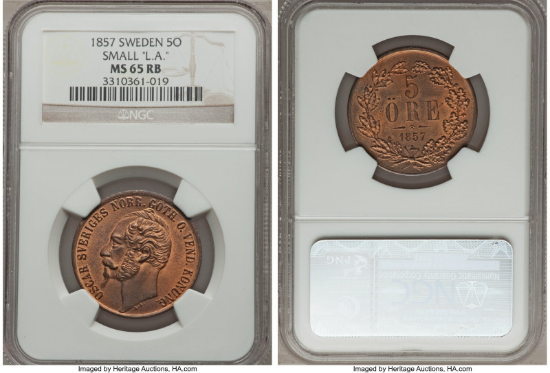 Oscar I 5 Ore 1857 MS65 Red and Brown NGC, KM690. Variety with small "LA". A spl...