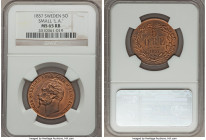 Oscar I 5 Ore 1857 MS65 Red and Brown NGC, KM690. Variety with small "LA". A splendid example with charming reddish mint luster and bold design featur...
