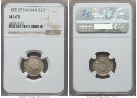 Oscar I 25 Ore 1855-ST MS63 NGC, KM684. A lower mintage date in the series blanketed in metallic, argent toning with an overall illustrious appearance...