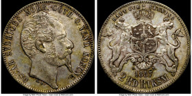 Oscar I 2 Riksdaler 1857-ST AU55 NGC, KM694. Lightly toned and with strong design features, this is an extremely scarce one-year type equal to 1/2 Rik...