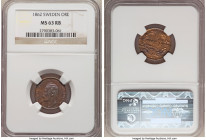 Carl XV Adolf Ore 1862 MS63 Red and Brown NGC, KM705. Preserving shimmering luster despite an iridescent obverse patina, with a clear abundance of red...
