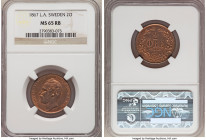 Carl XV Adolf 2 Ore 1867 MS65 Red and Brown NGC, KM706. A radiant gem assigned a scarce Red and Brown designation, absent of any major imperfections a...