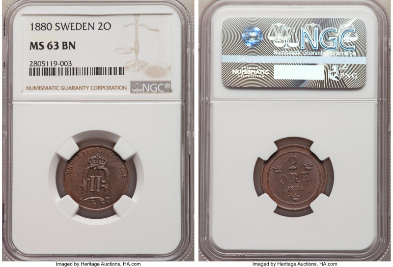 Oscar II 2 Ore 1880 MS63 Brown NGC, KM746. Deeply mahogany toned and nearly devo...