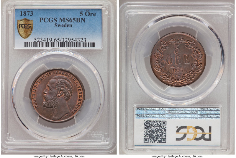 Oscar II 5 Ore 1873 MS65 Brown PCGS, KM730. Admirable in hand and quite clean in...