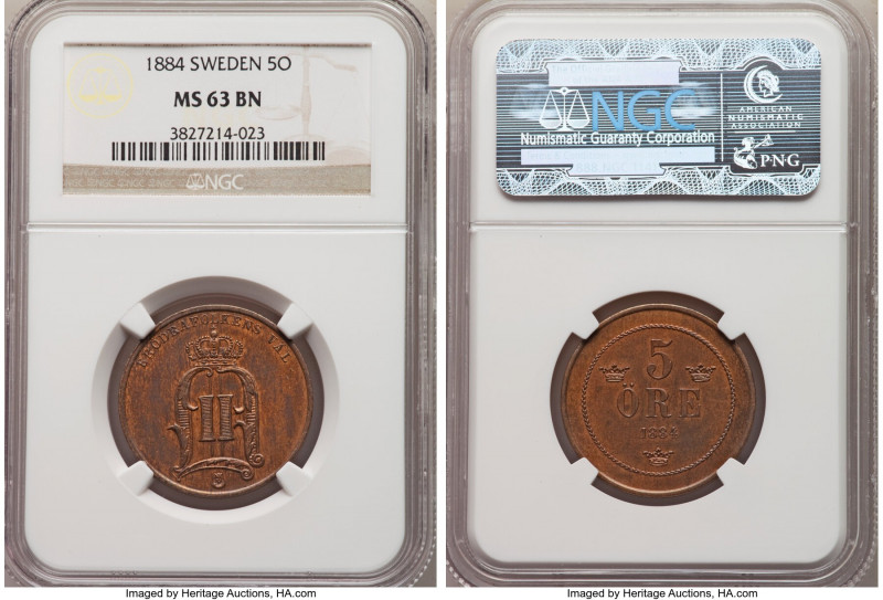 Oscar II 5 Ore 1884 MS63 Brown NGC, KM736. Featuring a naturally and lightly str...