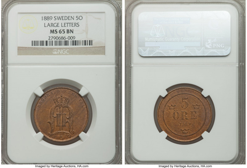 Oscar II 5 Ore 1889 MS65 Brown NGC, KM757. Large letters variety. Uniform chestn...