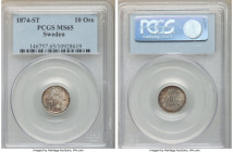 Oscar II 10 Ore 1874-ST MS65 PCGS, KM737. Satiny in the fields, with a natural patina overlying gleaming features. Scarce in this state of preservatio...