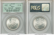Oscar II 2 Kronor 1897-EB MS67 PCGS, KM762. Struck to commemorate the 25th anniversary of the reign of Oscar II, and witnessed in an incredible design...