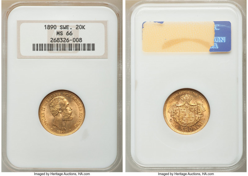 Oscar II gold 20 Kronor 1890-EB MS66 NGC, KM748. A shimmering premium gem enhanc...