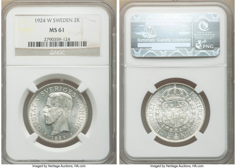 Gustaf V 2 Kronor 1924-W MS61 NGC, KM787. A fully Mint State example displaying ...