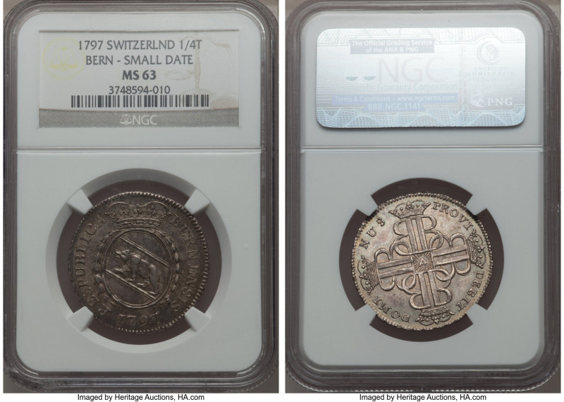 Bern. Canton 1/4 Taler 1797 MS63 NGC, KM160. Small date variety. Light ash gray ...