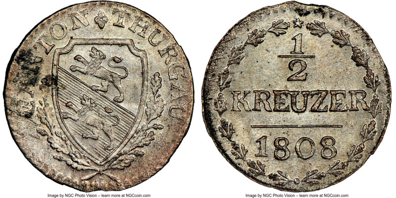 Thurgau. Canton 1/2 Kreuzer 1808 MS64 NGC, KM1. Scarce in Mint State.

HID098012...