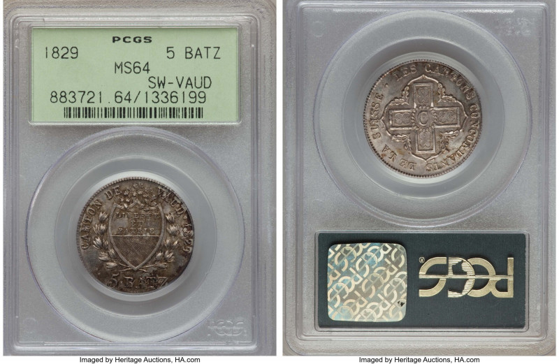 Vaud. Canton 5 Batzen 1829-BEL MS64 PCGS, KM21.1, HMZ-21002m. Lustrous fields wi...