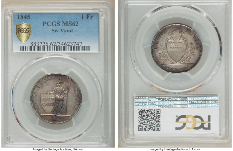 Vaud. Canton Franc 1845 MS62 PCGS, KM22. Struck from a small mintage of just 8,6...