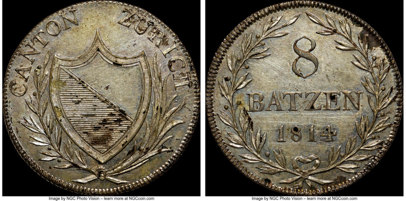 Zurich. Canton 8 Batzen 1814-B MS61 NGC, Bern mint, KM184, HMZ-2-1175b. A handso...