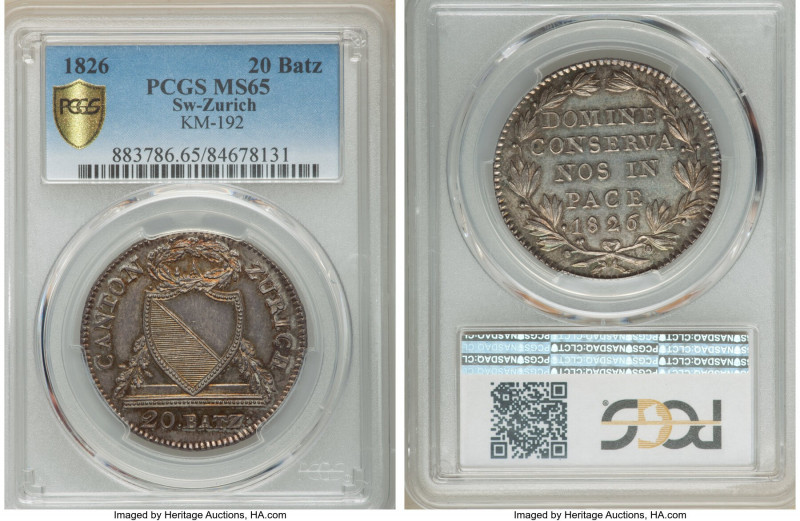 Zurich. Canton 20 Batzen 1826 MS65 PCGS, KM192, HMZ-2-1173b. Assigned the wholly...