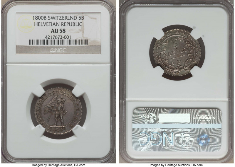 Helvetic Republic 5 Batzen 1800-B AU58 NGC, Bern mint, KM-A9, HMZ21188d. A pleas...