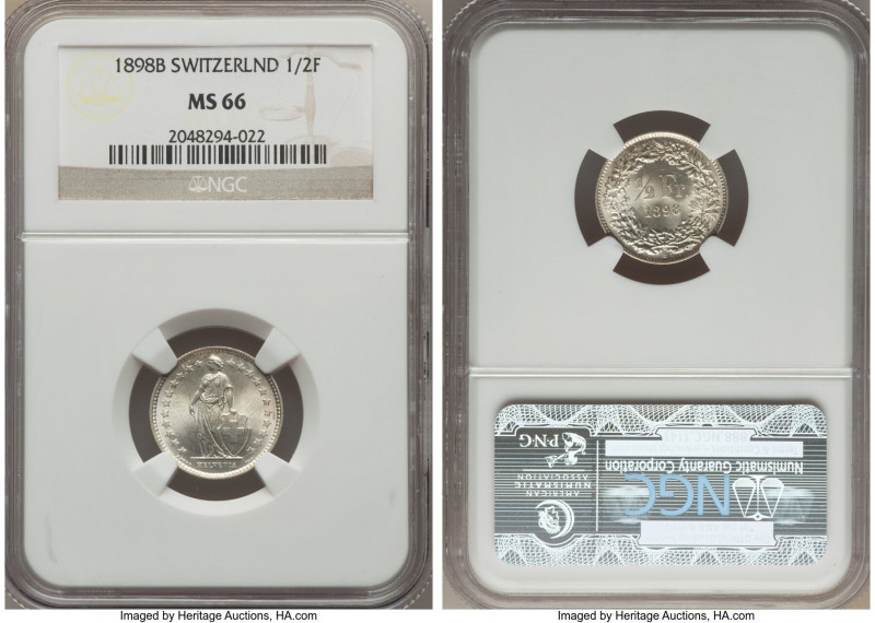 Confederation 1/2 Franc 1898-B MS66 NGC, Bern mint, KM23. Displaying full mint b...