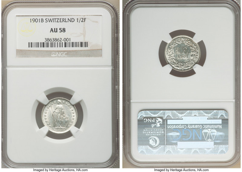 Confederation 1/2 Franc 1901-B AU58 NGC, Bern mint, KM23. This scarcer date for ...