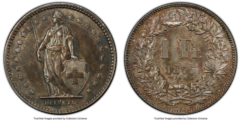 Confederation Franc 1875-B MS63 PCGS, Bern mint, KM24. A conditional rarity at C...