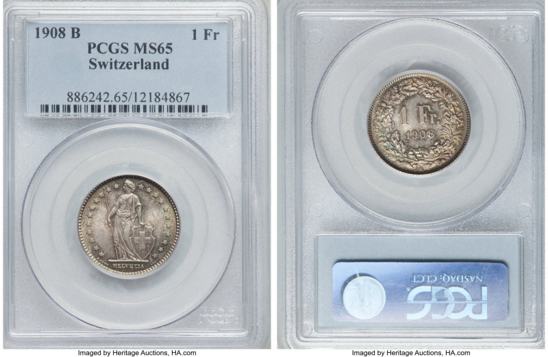 Confederation Franc 1908-B MS65 PCGS, Bern mint, KM24. A pristine representation...