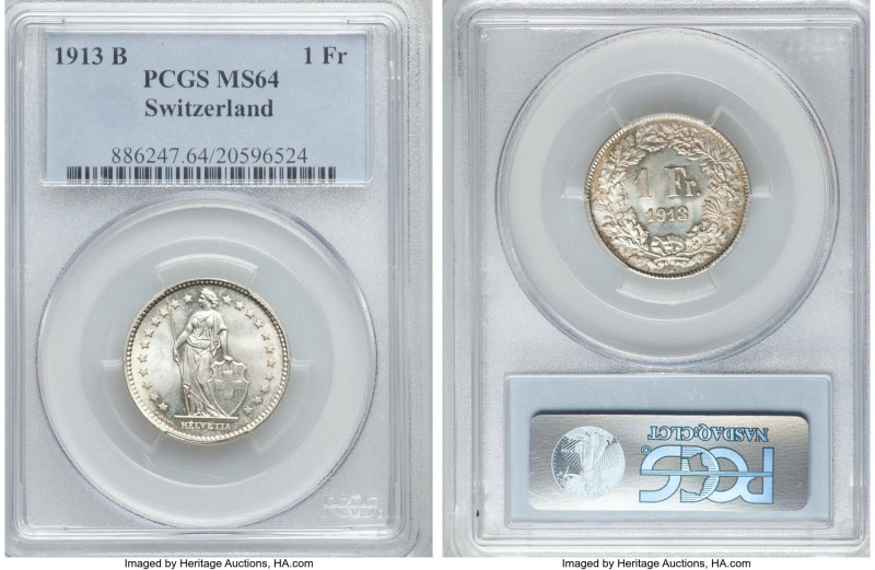 Confederation Franc 1913-B MS64 PCGS, Bern mint, KM24. A pleasing example of thi...