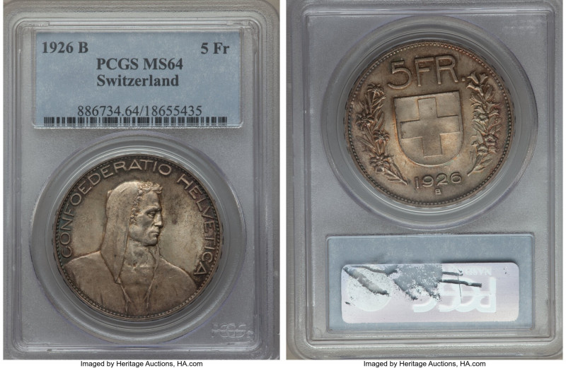 Confederation 5 Francs 1926-B MS64 PCGS, Bern mint, KM38. A scintillating repres...