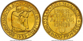 Confederation gold "Lucerne Shooting Festival" 100 Francs 1939-B MS65 NGC, Bern mint, KM-XS21, Häb-23. An indisputable gem striking for this ever-popu...