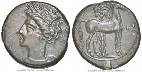 ZEUGITANA. Carthage. Ca. 400-350 BC. AE (15mm, 2.81 gm, 9h). NGC AU 4/5 - 4/5. Head of Tanit left, wreathed with grain, wearing triple pendant earring...