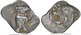 MYSIA. Cyzicus. Ca. 5th century BC. AR hemiobol(?) (9mm, 9h). NGC XF. Forepart of boar left, tunny upward behind / Head of lion left; star in upper le...