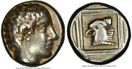 LESBOS. Mytilene. Ca. 454-427 BC. EL sixth stater or hecte (10mm, 2.49 gm, 4h). NGC Choice VF 5/5 - 4/5. Bare male head right / Head of calf right in ...