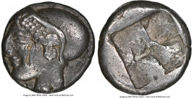 IONIA. Phocaea. Ca. late 6th-early 5th centuries BC. AR diobol or hemidrachm (9mm). NGC XF, countermark. Archaic styled female head left, wearing helm...