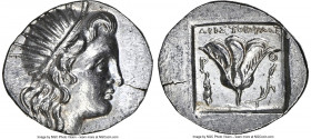 CARIAN ISLANDS. Rhodes. Ca. 188-170 BC. AR drachm (16mm, 12h). NGC Choice AU. Plinthophoric standard, Aristoboulus, magistrate. Radiate head of Helios...