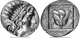 CARIAN ISLANDS. Rhodes. Ca. 188-170 BC. AR drachm (15mm, 11h). NGC XF, brushed. Plinthophoric series, Anacidicus, magistrate. Radiate head of Helios r...