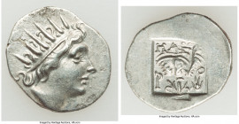 CARIAN ISLANDS. Rhodes. Ca. 88-84 BC. AR drachm (17mm, 1.83 gm, 12h). AU, die shift. Plinthophoric standard, Maes, magistrate. Radiate head of Helios ...