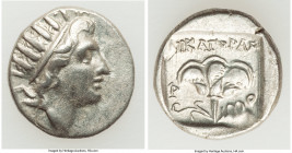 CARIAN ISLANDS. Rhodes. Ca. 88-84 BC. AR drachm (15mm, 2.15 gm, 11h). XF. Plinthophoric standard, Nicagoras, magistrate. Radiate head of Helios right ...