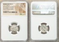 Anonymous. Ca. 211-208 BC. AR victoriatus (16mm, 3.44 gm, 12h). NGC Choice MS 5/5 - 5/5. Luceria. Laureate head of Jupiter right, bead-and-reel border...